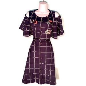 Woman Grid Plaid Ruffle Shoulder Trim Dress